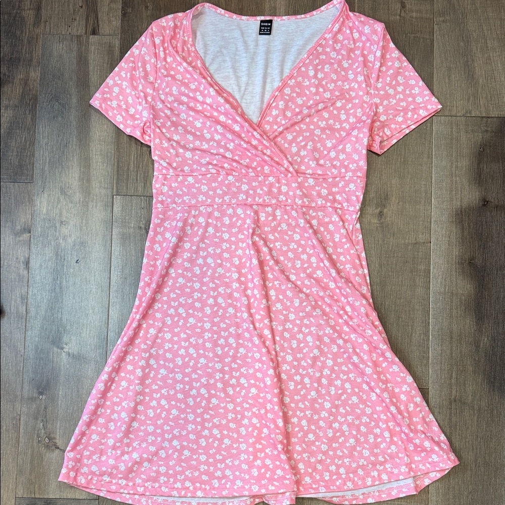 SHEIN Pink Floral Wrap Mini Dress